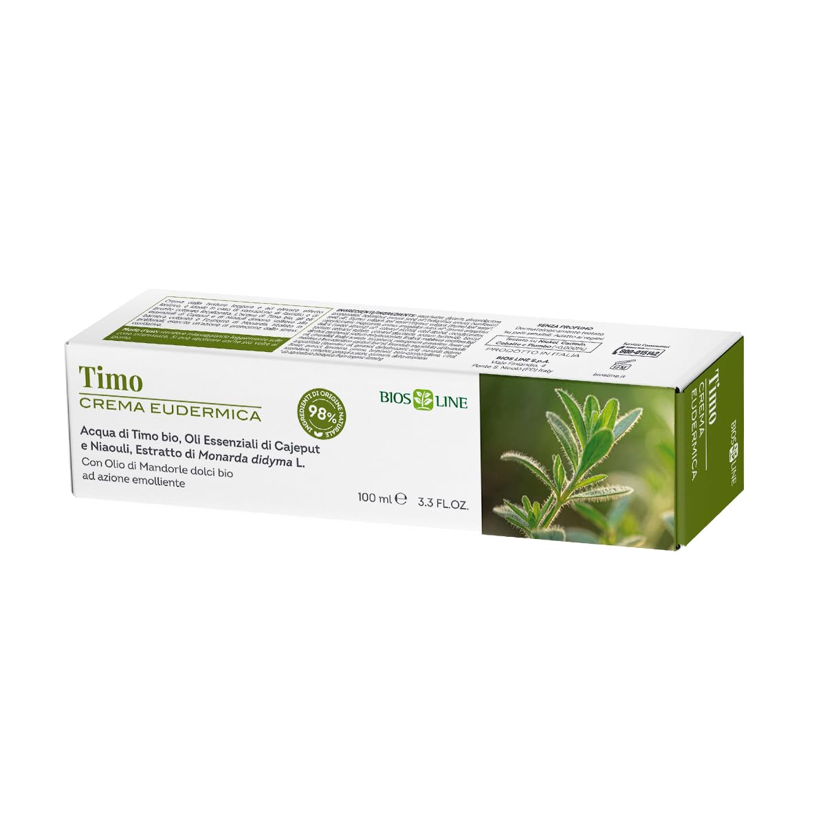 BIOS LINE Crema Eudermica Timo, Crema Lenitiva per Punture Insetti, Impurità Cutanee con Estratto di Monarda, 100 ml