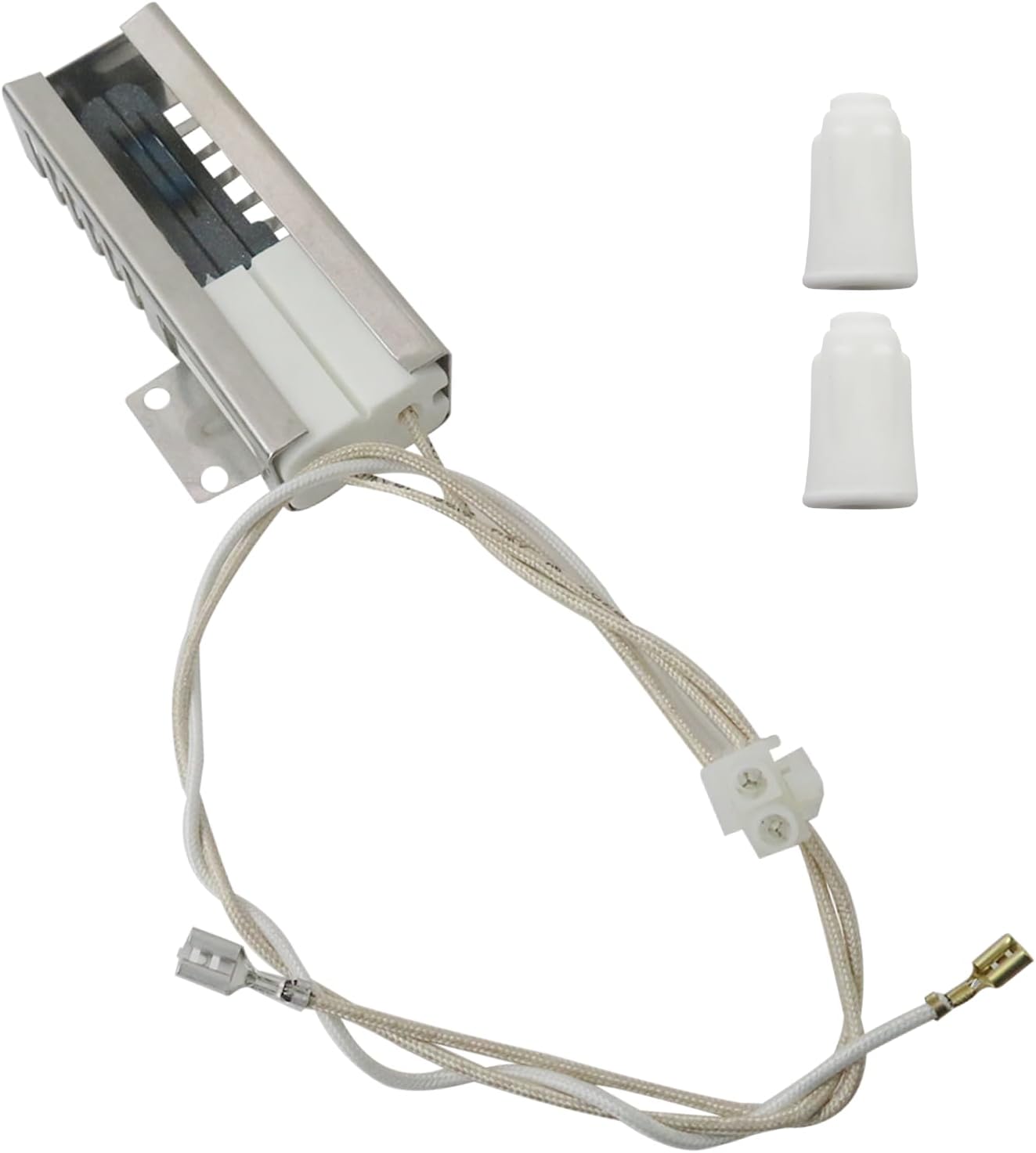 Main product image of the XSPANDER Gas Range Oven Igniter and two porcelain wire nuts.