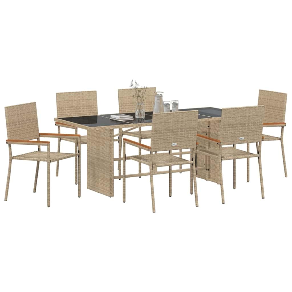 Zestaw do jadalni w ogrodzie 7 czesci Bezowy polirattany stol i krzesla tarasowe meble ogrodowe z podlokietnikami drewno akacjowe nowoczesny design 190x80x75 cm