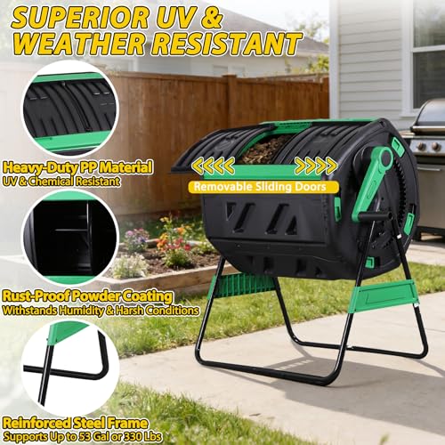 JupiterForce Compost Bin 53 Gallon Dual Chamber Compost Tumbler, Outdoor Large Tumbling Rotating Composter with 2 Sliding Doors, Steel Frame and Gardening Gloves for Backyard Garden - Image 5