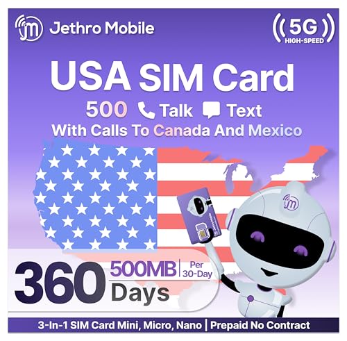 $4.60/mo Jethro Mobile | 500MB High-Speed Data, 500 Talk & Text | Prepaid 3-in-1 SIM Card | Works with Senior & Elderly Cell Phones (12 Months)