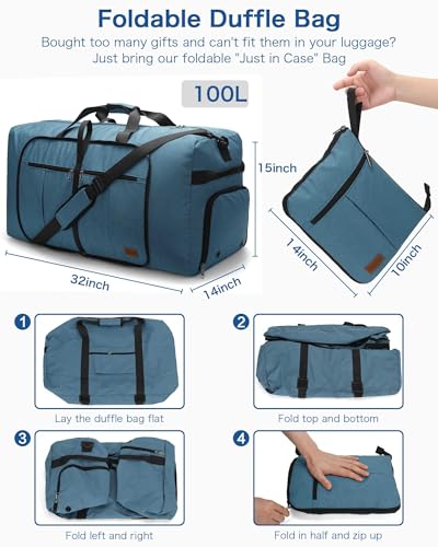 Image of Urtala Travel Duffel Bag for Women & Men, Large Foldable Overnight Weekender Bag with Shoes Compartment & Shoulder Strap, Lightweight Waterproof Luggage Bag, Light Blue, 100L, Expandable Duffle Bag