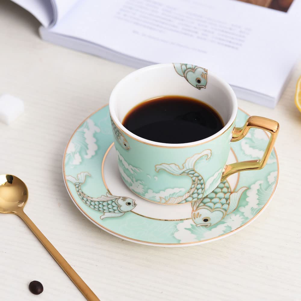 CFLNYC Bone China Tea Cup with Elegant Koi Print, Ceramic Coffee Cup and Saucer, Standard Teacup Size – 7 OZ Capacity (Color : Green, Size : 7.0oz)