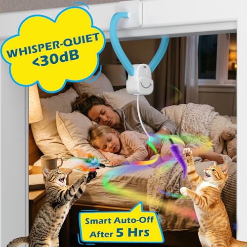 Image of Smart Automatic Door Hanging Cat Toy for Indoor Cats - Electric Interactive Feather Wand, Mouse & Worm Set, 360 Rotating, Type-C Rechargeable, Quiet Self Play Enrichment for Bored Kittens