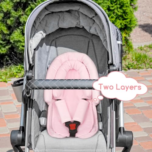 Image of Baby Car Seat Head Support for Newborn, 2 in 1 Infant Car Seat Head Body Support with Strap Pads, Soft Stroller Cushion Pillow Insert for Girls, Fits for Stroller, Swing, Pink