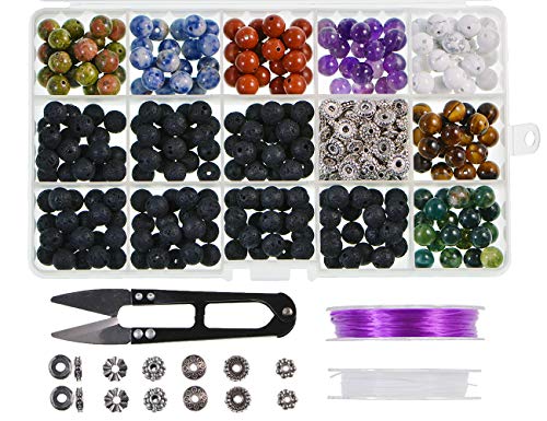 Natural Stone Beads Box Set Kits 8mm Round Loose Gemstone Natural Amethyst Lave Stone Assorted Color with Accessories Tools for Bracelet Jewelry Making (100% Natural Stone Beads Kit 1)