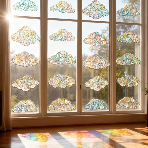 16 Pcs Arc-en-Fenêtre Adhère 3D Décoratif Fenêtre Film Nuage Forme, Autocollants Statique Réutilisable, Anti-Collision Oiseaux, Décoration Cuisine...