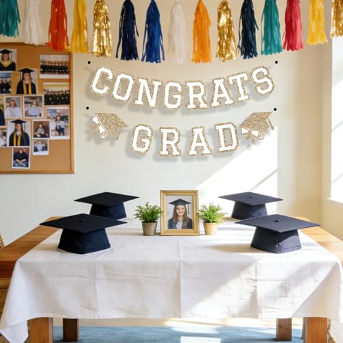 Image of Congrats Grad Banner Graduation Party Banner Decoration Hanging Garland High School College Backdrop Supplies Gold
