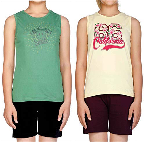 Image of Proteens Girl's Printed Sleeveless T-Shirt Green & Yellow Combo Pack of 2