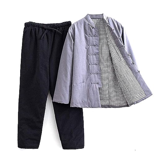 QDZC Winter Warm Tang Suit Chinese Traditional Clothing Jackets Pants - Kung Fu Clothing Tops Cotton Padded Coats Grey-XXL