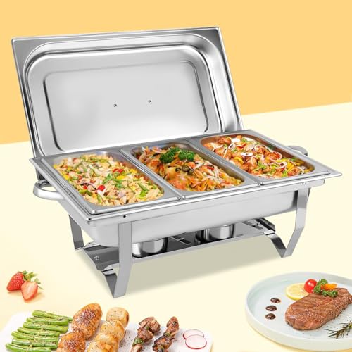 Chafing Dish Buffet Set 11L Catering Server Chafer Food Warmer Stainless Steel Stove With 3Pcs 1/3 Size Pans Lid Serving Dishes For Restaurant Party Wedding Hotel Chef Heater