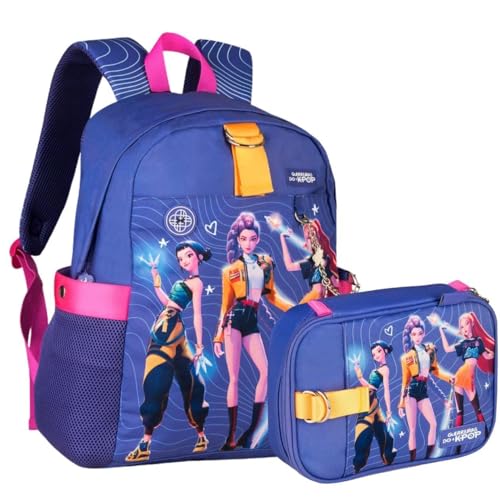 Kit Mochila Escolar 17L Guerreiras do KPOP HUNTRX com Estojo Alças Reforçadas Chaveiro Pingente (Roxo)