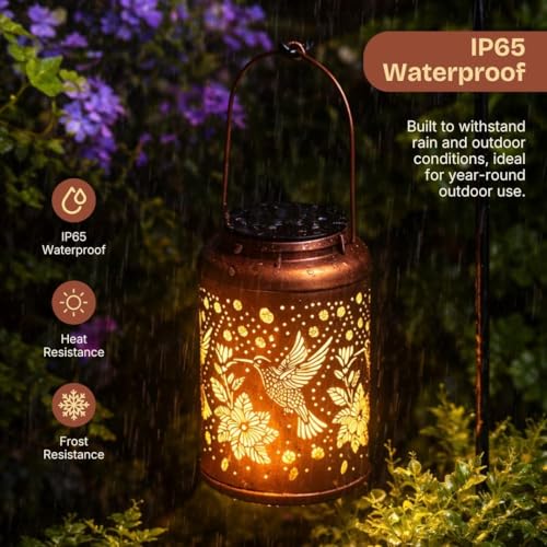 Image of Solar Hummingbird Lantern for Garden Decor | IP65 Waterproof Hanging Solar Light Outdoor | Metal Lantern with Warm LED | Auto On Off Balcony Patio Pathway Light (1)
