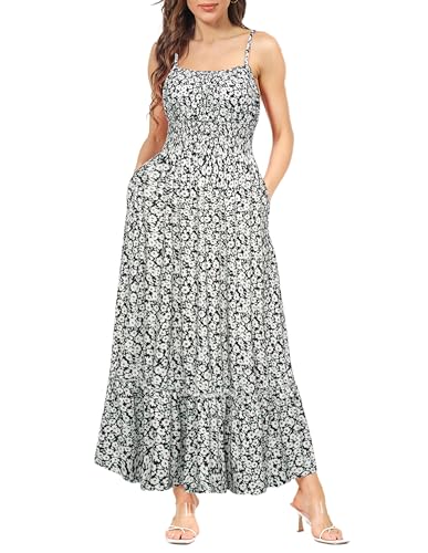 GRACE KARIN Femme Robe de Cocktail Casual Bretelles Spaghetti A-Ligne Dos Nu Robe Décontractée Motif Floral L Fleurs Blanches sur Noir