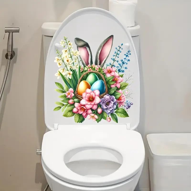 Easter Bunny Floral Toilet Cover Sticker Decals,Fish Bird Flower Leaf Waterproof Toilet Lid Tank Seat Decals Cistern Self-Adhesive Bathroom Wall Sticker