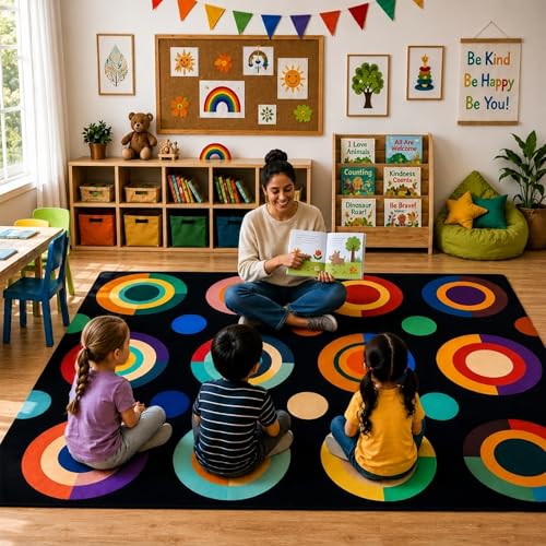 AQQA 5x7ft Kids Seating Rug, Seats 12 Classroom Circle Time Carpet, Soft Imitation Cashmere Educational Area Rug, Non-Slip Washable Colorful Spots Play Mat for Playroom Nursery Kindergarten by AQQA - Used condition - US$48.37