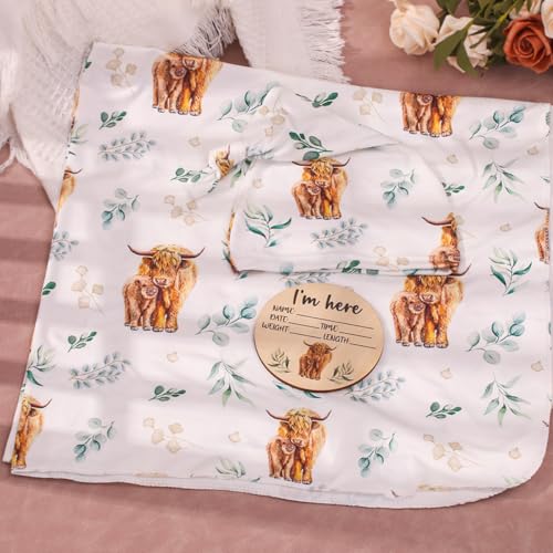 Image of Ylsteed Baby Highland Cow Swaddle Blanket and Headband Set, Newborn Receiving Blanket Swaddle Wrap for Girls and Boys, Swaddling Blankets Neutral for Newborn 32 * 32 in (Highland Cow)
