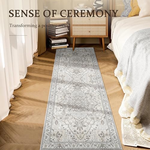 Deerly Vintage Runner Rug 2x6 Hallway Runners Boho Non-Slip Entryway Throw Rug Faux Wool Non-Slip Washable Low-Pile Floor Carpet for Indoor Front Entrance Kitchen Bathroom, Beige/Multi