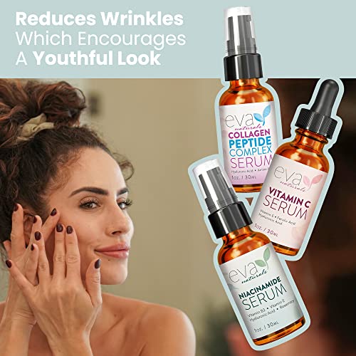 Natural Firm & Glow Skincare Set Of 3 Serums – Skin Care Products With 20% Vitamin C Serum, Peptide Complex Serum, Niacinamide Vitamin B3 Serum - Peptides Serum For Face - Face Serum By Eva Naturals #TOP4