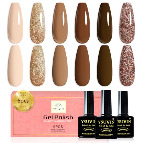 YSUVIN Esmaltes Semipermanentes, 6 Colores Chocolate Marrón Oscuro Caramelo Café Desnudo Beige Glitter Champán Dorado Otoño Invierno Pintauñas Gel, Soak Off UV DIY Nail Art Manicura Kit, 8 ML