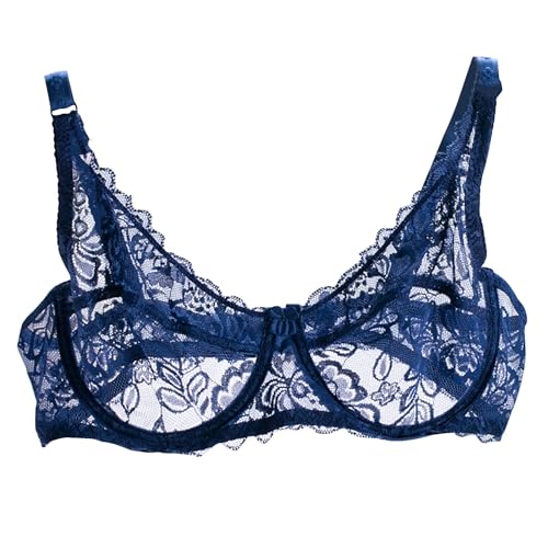 Womens Fashion Womens Sexy Lace Bra Mesh Exquisite Embroidery Bra Sheer Balconette See-Through Bralette Unlined Underwire Bra S-XL Navy