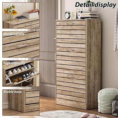 Agoteni Shoe Cabinet, Natural Narrow Shoe Cabinet With 3 Flip Doors & Adjustable Shelf, Modern Shoe Storage Cabinet For Entryway Hallway (22.4”W X 9.4”D X 42.3”H) #TOP5