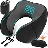 Almohada de Viaje Cuello, Cojin Cervical para Avión Oficina Avión Tren Coche Viajando, Ajustable Comfy Almohada Cuello Viscoelastica de Espuma Memoria, con Máscara de Ojos, Tapones y Bolsa (Negro)
