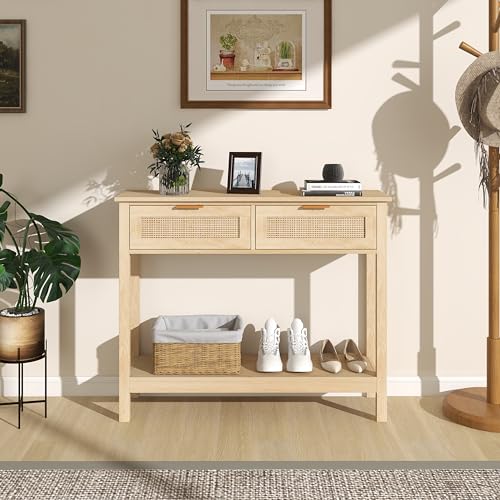 Narrow Rattan Farmhouse Console Table with Drawers Boho Living Room Foyer (Nature, 39.4 Inch)