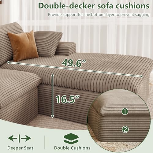 Image of 136 inch W Cloud Couch Modular Sectional Sofa for Living Room, U-Shape Boneless Couch with Deep Seat, Modern Corduroy 4-Seater with Ottoman, No Assembly Required (Camel Brown,Right-Facing Chaise)