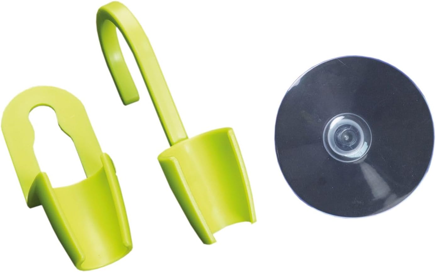 Suction cup and hook accessories for hanging the shower head.