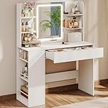 YOSHOOT Dressing Table with LED Lighting Mirror, Vanity Table with 1 Drawer with Built-in Dividers, 3 Side Shelves, 4 Table Shelves, Makeup Desk for Cloakroom and Bedroom，90 * 39.8 * 135cm（White）