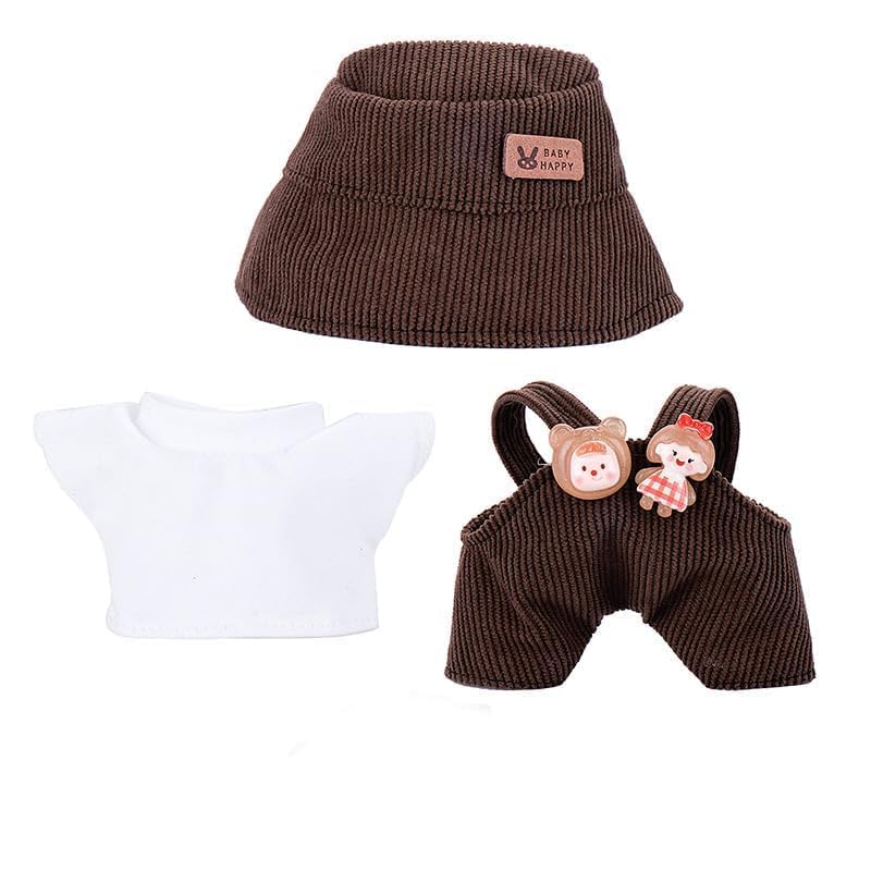 17cm Doll Clothes, Clothing for 17 cm Doll Plush, Chic Style Set for 17cm Dolls, Hat & Overalls Set for 17cm Doll Accessories Suit (Brown)