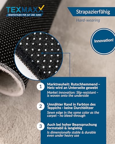 TEXMAXX Weicher Kurzflor Teppich Wohnzimmer mit rutschhemmender Rückseite (80 x 150 cm) - Modern für Flur, Esszimmer und als Schlafzimmer Teppich in Hell-Grau-Silber - Waschbar bis 30 Grad
