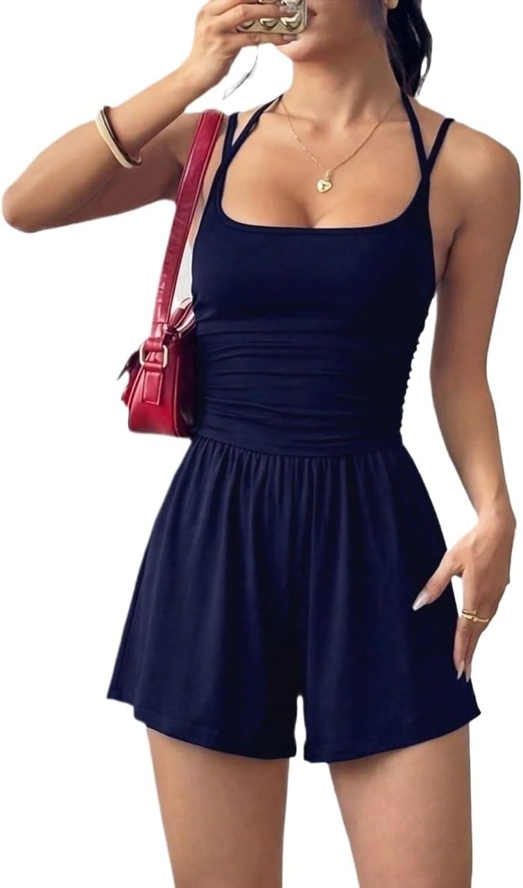 Rompers for Women Summer Pleated Loose Straight Leg Jumpsuit, Spring/Summer