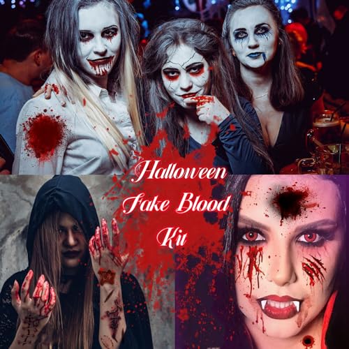 Halloween Fake Blood Kit,2.1oz Fake Blood Spray+2.1oz Dripping Blood+1.05oz Coagulated Gel Blood+12 PCS Horror Fangs+Stipple Spong,Realistic Effects Washable,for Clothes,Zombie Vampire Monster - image 8