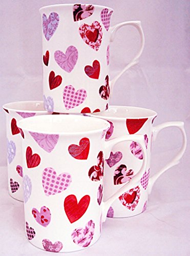 fromeuropewithlove Patched Hearts Mugs Set of 4 Fine Bone China Hearts Mugs Hand Decorated in UK