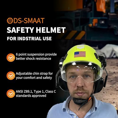 DS-SMAAT Construction Vented Hard Hat with Visor and Adjustable Ear Muffs,3-in1 Heavy Duty Helmet Kit for Industry Use,6 Point Ratcheting System,ANSI Z89.1 Approved Hardhats (Black with Clean Visor)