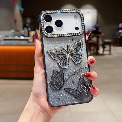 Coque iPhone 16 Plus en silicone rigide noir avec motif papillon haute finition