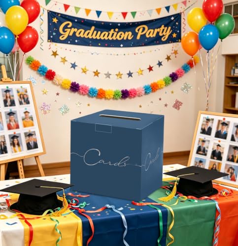 Image of HEIPINIUYE Navy Blue Wedding Card Box with Silver Foil 9.8 inch x 9.8 inch Navy Large Gift Card Box for Party Wedding Reception Graduation Birthday Baby Shower Cardboard Raffle Envelope Box with Slot