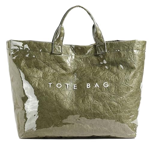 Image of PVC Tote Bag for Women Solid Color Large Letter Print Tote Bag Kraft Paper Clear Plastic Handbag Top Handle Bag(Green)