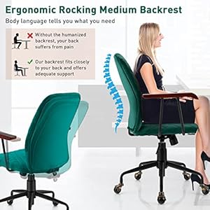 Giantex Home Office Desk Chair Green Vintage Adjustable Swivel Rolling Chair with Copper Wheels Armrest Mid Century Leisure Chair Velvet Upholstered Computer Chair for Work Study