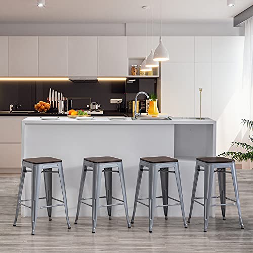 Set de 4 Butacos Metálicos sin Respaldo de 26" (Plata) | Taburetes para Isla de Cocina con Asiento de Madera, Estilo Industrial y Apilables, para Comedor, Granja y Cafetería miniatura 6