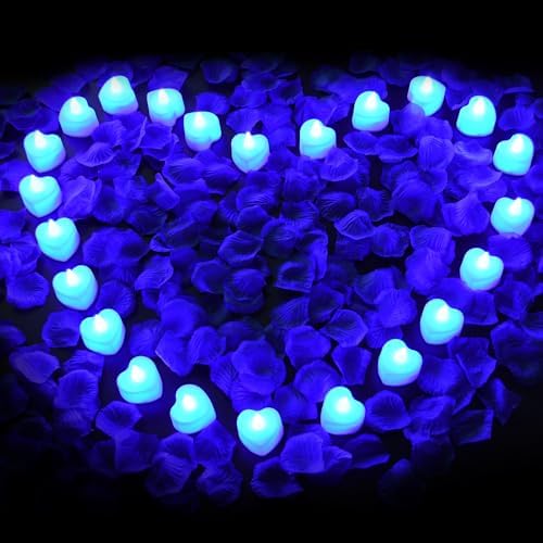 KOABY 2000pcs Blue Artificial Rose Petals with 24pcs Blue LED Tea Lights Kit, for Decor