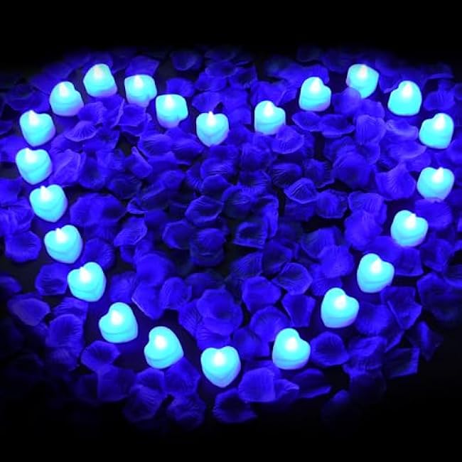 KOABY 2000pcs Artificial Rose Petals with 24pcs LED Tea Lights Kit, for Decor(2000pcs Blue Artificial Rose Petals + 24pcs Blue Lights)