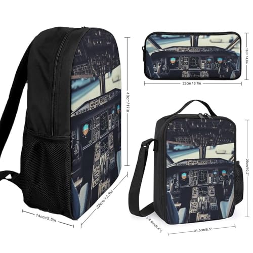3 Piece Backpack for Women Men Lightweight Causal Daypack Shoulder Bag Set with Insulated Lunch Bag And Pencil Case Organizers Airplane Cockpit2