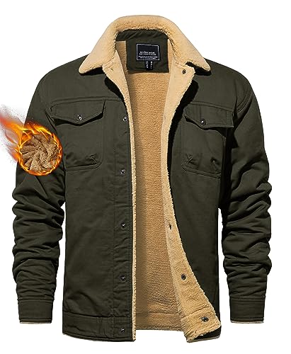 TACVASEN Mens Jacket Sherpa Lined Trucker Fleece Jacket Military Cotton Casual Cargo Jacket Winter Work Outdoor Hiking Walking Tactical Jacket