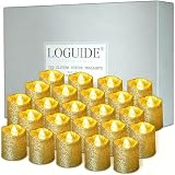 LOGUIDE Gold Flameless Votive Candles,24 Pack Battery Operated Gold Glitter Flickering Fake LED Tea Lights for Wedding Centerpieces,Table,Anniversary,Outdoor,Christmas Decorations
