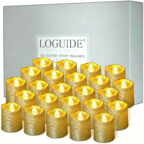 LOGUIDE Gold Flameless Votive Candles,24 Pack Battery Operated Gold Glitter Flickering Fake LED Tea Lights for Wedding Centerpieces,Table,Anniversary,Outdoor,Christmas Decorations