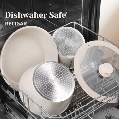 BECIGAR 21pcs Cream White Nonstick Ceramic Pots and Pans Set, Detachable Handle Cookware, Induction Compatible, Oven Safe, Stackable Cookware Set - Image 7