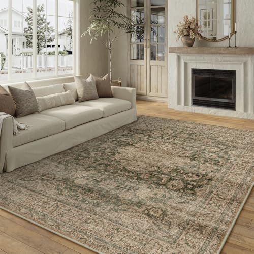 5x7 Washable Green Vintage Area Rug for Living Room Bedroom Traditional Low Pile Soft Carpet Non-Slip Thin Retro Distressed Accent Throw Rug for Dining Room Office Dorm Kitchen Indoor